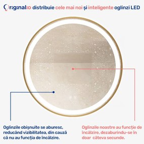 Oglindă LED Rotundă (Diametru 70 cm), 3 Moduri Iluminare (Lumină Rece, Naturală, Caldă), Intensitate Reglabilă, Funcție Dezaburire, Ramă Aluminiu, Control Tactil (Touch)