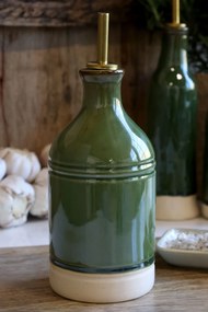 Olivieră din ceramică antichizată verde, pentru oțet , cu dozator metalic auriu, 23×8,5 cm, „Mireille"