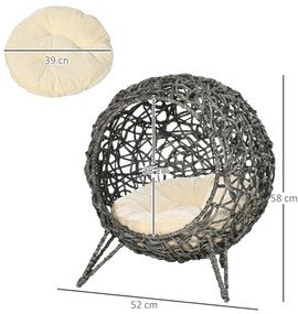 PawHut Coș pisică pat înălțat pisică cozi cuib confort pernă pufoasă inclusă rășină imitând răchita Ø 52 x 58H cm gri | Aosom Romania