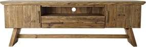 Comodă TV living din lemn reciclat, natur, cu 2 uși, 1 sertar, nișă deschisă și picioare oblice cu traversă, 60 x 180 x 45 cm, „Auburn”