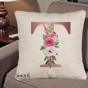 Cadou Personalizat - Perna Personalizata Monograma Rose Gold Litera T, 40x40 cm, Bej Canapea, Husa Detasabila, Perna Inclusa, BEKZ®