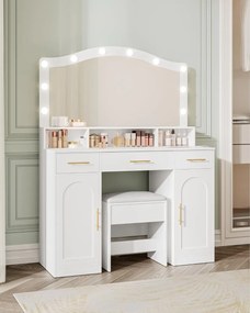 SEA487 - Set Masa toaleta alba, 108 cm cosmetica machiaj, oglinda cu LED, scaun tapitat, masuta vanity cu Priza si USB si Manere Aurii