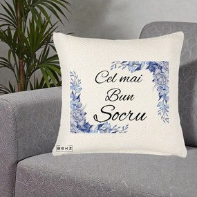 Cadou pentru Socru - Perna Personalizata Cel mai Bun Socru cu Flori Albastre Acuarela, 40x40 cm, Crem Reliefat, Husa Detasabila, Perna Inclusa, BEKZ®