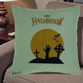 Perna Decorativa Happy Halloween Cimitir cu Luna, 40x40 cm, Verde, Husa Detasabila, Perna Inclusa, BEKZ®