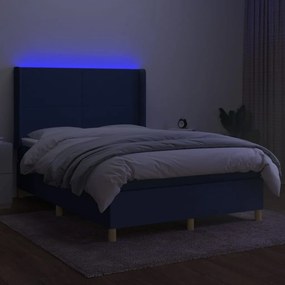 Pat cu arcuri, saltea si LED, albastru, 140x200 cm, textil Albastru, 140 x 200 cm, Design simplu