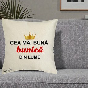 Cadou pentru Bunica - Perna Personalizata Cea Mai Buna Bunica Din Lume Coroana Aurie, 40x40 cm, Ecru, Husa Detasabila, Perna Inclusa, BEKZ®
