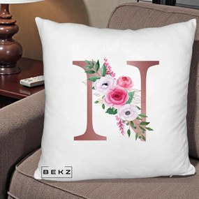 Cadou Personalizat - Perna Personalizata Monograma Rose Gold Litera N, 40x40 cm, Alb Pufos, Husa Detasabila, Perna Inclusa, BEKZ®