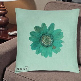 Perna Decorativa Floare Gerbera Teal Acuarela, 40x40 cm, Verde Menta, Husa Detasabila, Perna Inclusa, BEKZ®