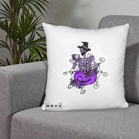 Perna Decorativa Schelet Vrajitor cu Dovleac Violet Halloween, 40x40 cm, Alb Pufos, Husa Detasabila, Perna Inclusa, BEKZ®