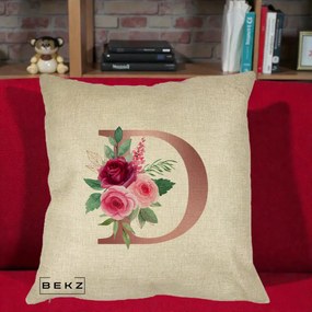 Cadou Personalizat - Perna Personalizata Monograma Rose Gold Litera D, 40x40 cm, Crem, Husa Detasabila, Perna Inclusa, BEKZ®