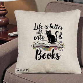 Perna Personalizata Life is Better Cats and Books, 40x40 cm, Bej Canapea, Husa Detasabila, Perna Inclusa, BEKZ®