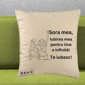 Cadou pentru Sora - Perna Personalizata Sora Mea Te Iubesc Line Art Portrete Colorate, 40x40 cm, Bej, Husa Detasabila, Perna Inclusa, BEKZ®
