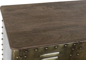 Bufet vintage stil industrial din metal, auriu, cu 4 uși cu fante de aerisire, nituri și blat din lemn, 69 x 152 x 35 cm, „Rivet”