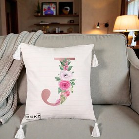 Cadou Personalizat - Perna Personalizata Monograma Rose Gold Litera J, 40x40 cm, Bej cu Franjuri, Husa Detasabila, Perna Inclusa, BEKZ®