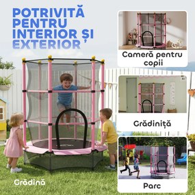 HOMCOM Trambolină Elastică pentru Copii 3-10 Ani cu Plasă de Siguranță și Țevi Capitonate, Ø140x190 cm, Roz | Aosom Romania