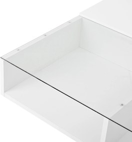 Masă de cafea multifuncțională, cu finisaj lucios și lift, cu iluminare LED, reglabilă pe înălțime și cu spațiu de depozitare flexibil, 78x78x45,5 cm, Alb