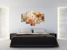 Tablou - Fluture și flori, pictură în ulei (150x105 cm)