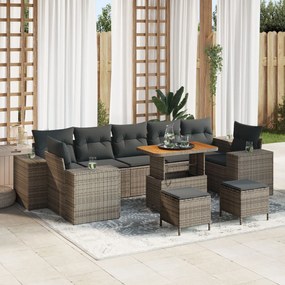 vidaXL Set Grădină cu 10 Piese, Perne Gri din Rattan Poliuretanic Acacia