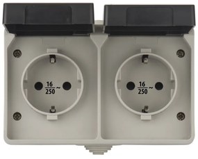 Priza dubla cu impamantare si protectie, cu capac, 16A, montaj aplicat, protectie IP44, pentru exterior, Emos