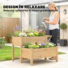 Outsunny Jardinieră Înălțată pe 2 Niveluri cu Rafturi Laterale și Inferior, Fabricată din Lemn de Brad cu Căptușeală și Orificii de Drenare, pentru Flori și Legume, 119,5x102x76,5cm, Maro Deschis | Aosom Romania