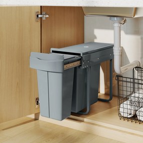 HOMCOM Coș de gunoi de bucătărie glisant 30L cu 2 compartimente, coș sub chiuvetă cu capac mat, 52x26x40,8cm, gri | Aosom Romania