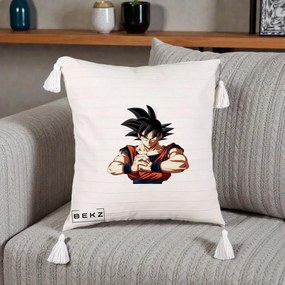 Perna Personalizata Dragon Ball Goku Portret Serios, 40x40 cm, Bej cu Franjuri, Husa Detasabila, Perna Inclusa, BEKZ®