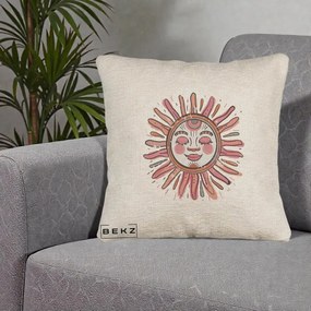 Perna Decorativa Soare Roz Tribal, 40x40 cm, Bej Canapea, Husa Detasabila, Perna Inclusa, BEKZ®