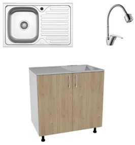 Set Masca Chiuveta Karo, Lemn Natural/Alb, 80 x 50 x 80 cm, Chiuveta Inox, Cuva stanga, Baterie Flexibila