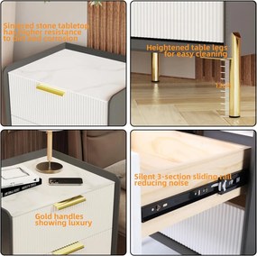 NOG3 - Set 2 Noptiere, 48 cm, cu 2 sertare pentru dormitor, Piele Ecologica si Riflaje - Gri- Alb - Auriu