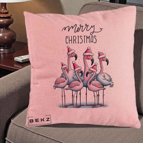 Perna Decorativa Flamingo Merry Christmas, 40x40 cm, Roz, Husa Detasabila, Perna Inclusa, BEKZ®