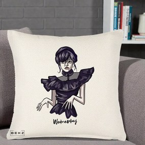 Perna Personalizata Wednesday Addams Dans Gotic, 40x40 cm, Crem Reliefat, Husa Detasabila, Perna Inclusa, BEKZ®