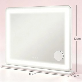 HOMCOM Oglindă de Machiaj cu Lumini LED în 3 Culori, Oglindă de Perete și Masă cu USB, 80x62x14 cm, Alb | Aosom Romania
