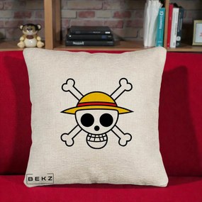 Perna Personalizata One Piece Jolly Roger Straw Hat Pirates, 40x40 cm, Bej Canapea, Husa Detasabila, Perna Inclusa, BEKZ®