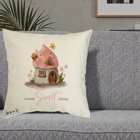 Perna Decorativa Home Sweet Home Casuta, 40x40 cm, Ecru, Husa Detasabila, Perna Inclusa, BEKZ®