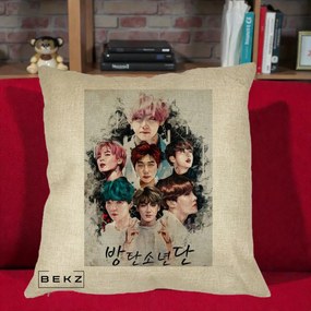 Perna Personalizata K-pop BTS Bangtan Boys Poster Artistic Negru Alb, 40x40 cm, Crem, Husa Detasabila, Perna Inclusa, BEKZ®