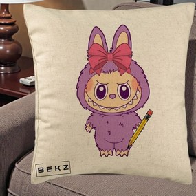 Perna Personalizata Labubu Mov cu Funda Rosie si Creion, 40x40 cm, Bej, Husa Detasabila, Perna Inclusa, BEKZ®