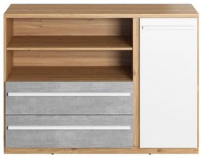 Comoda Piano Cu 1 Usa Si 2 Sertare, Stejar Nash, Alb Si Beton, 125 Cm