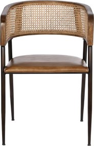 Scaun dining cu brațe din ratan și piele, maro, spătar curbat împletit și picioare negre din metal, 78 x 52 x 56 cm, „Cannage”