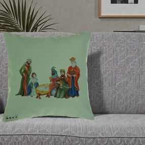 Perna Decorativa Nasterea Domnului Cei Trei Magi Acuarela, 40x40 cm, Verde, Husa Detasabila, Perna Inclusa, BEKZ®