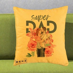 Cadou pentru Tata - Perna Personalizata Super Dad Tata cu Fetita si Flori, 40x40 cm, Galben, Husa Detasabila, Perna Inclusa, BEKZ®