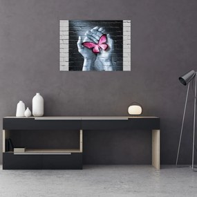 Tablou - Fluture roz în perete (70x50 cm)