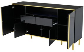 Comodă Modernă Elegantă Lucioasă cu 2 Sertare și 4 Uși, Structură cu LED și Detalii Aurii, 150x40x80 cm pentru Living și Bucătărie, Negru