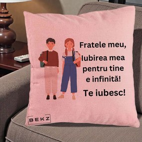 Cadou pentru Frate - Perna Personalizata Fratele Meu Te Iubesc Elevi Ilustratie Colorata, 40x40 cm, Roz, Husa Detasabila, Perna Inclusa, BEKZ®