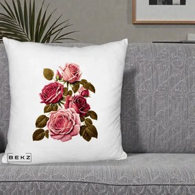 Perna Decorativa Trandafiri Vintage Roz-Rosii, 40x40 cm, Alb Pufos, Husa Detasabila, Perna Inclusa, BEKZ®
