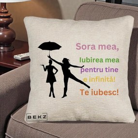 Cadou pentru Sora - Perna Personalizata Sora Mea Te Iubesc Siluete Colorate Umbrela, 40x40 cm, Bej Canapea, Husa Detasabila, Perna Inclusa, BEKZ®