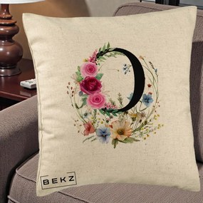 Cadou Personalizat - Perna Personalizata Monogram Litera O cu Flori Acuarela, 40x40 cm, Bej, Husa Detasabila, Perna Inclusa, BEKZ®