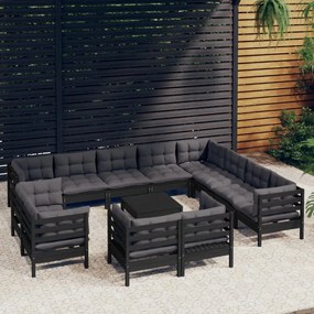 3096957 vidaXL Set mobilier grădină cu perne, 13 piese, negru, lemn masiv pin