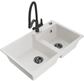 Mexen Tomas Chiuvetă de granit cu 2 compartimente și baterie de bucătărie Duo, Albă - 6516-20-671701-70-B