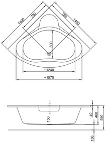 Cada baie pe colt Cersanit Venus, 140 x 140 cm, asimetrica, alb lucios 1400x1400 mm