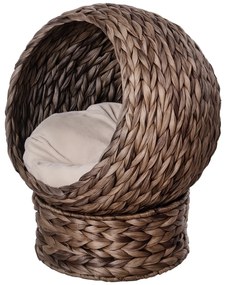 PawHut Coș pentru Pisici din Trestie de Mare cu Pernă, Pat pentru Pisică, Pat pentru Animale de Companie, 50 cm x 42 cm x 60 cm, Maro + Bej | Aosom Romania